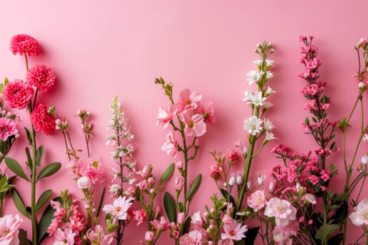 A vibrant arrangement of various flowers displayed on a pink background.