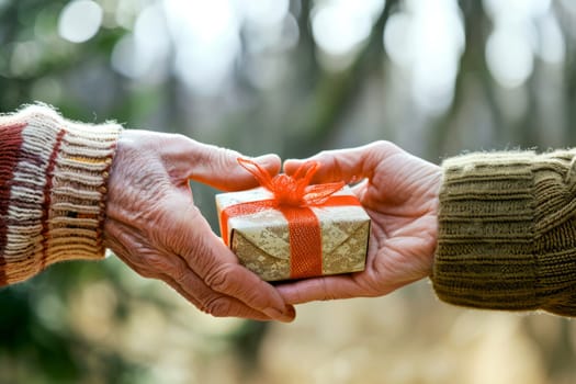 Two individuals engaged in the act of exchanging a wrapped gift amidst the trees of a forest.