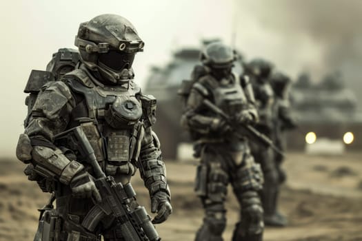 A group of soldiers in uniform, walking purposefully across a bare dirt field, maintaining a disciplined formation.
