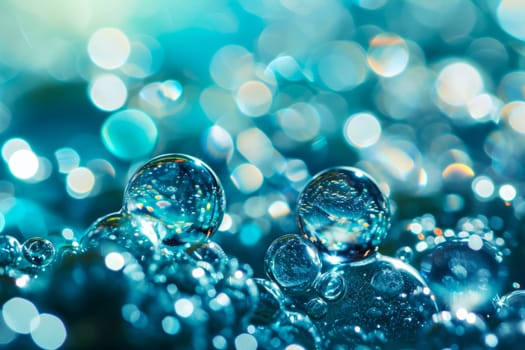Numerous bubbles float gracefully atop a vibrant blue surface.
