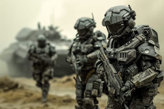 A group of soldiers in uniform walking purposefully across a green field.