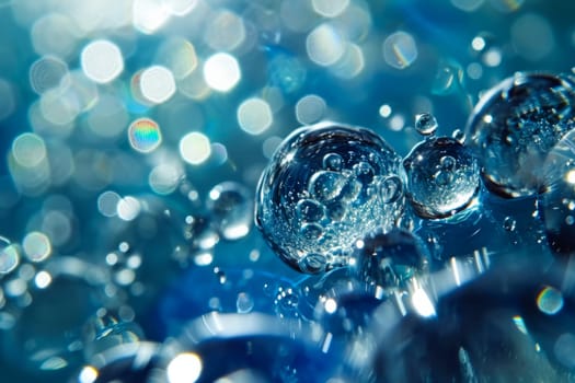 This close-up photo showcases water bubbles on a vibrant blue background.