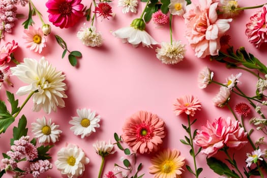 A variety of vibrant flowers arranged neatly on a pink surface.