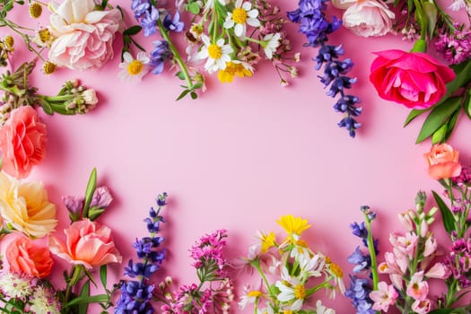 A vibrant pink background filled with numerous colorful flowers.