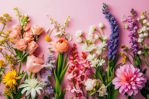A variety of flowers arranged neatly on a pink surface, creating a colorful and vibrant display.