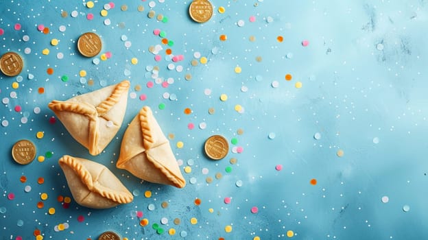 Purim Triangular cookies ( hamantasch or aman ears ), colored candy for jewish holiday of purim celebration on paper background with space for text. Top view. Ai generated.