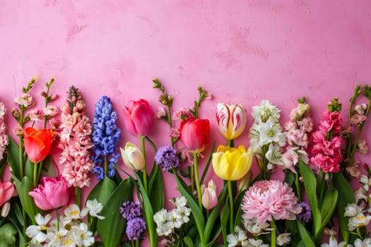 A vivid row of various colorful flowers arranged neatly against a vibrant pink wall.
