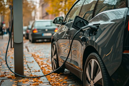 An electric car is connected to a charging station, recharging its batteries.