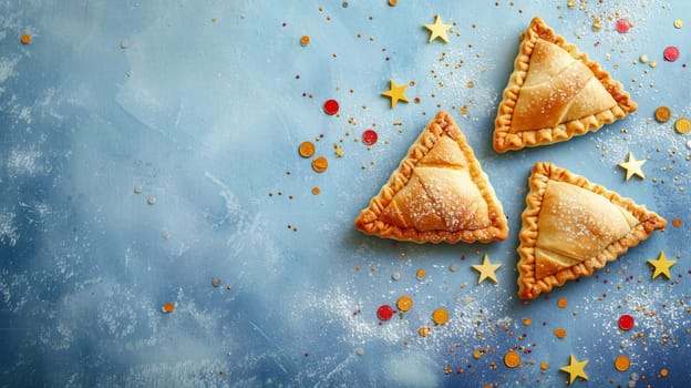 Purim Triangular cookies ( hamantasch or aman ears ), colored candy for jewish holiday of purim celebration on paper background with space for text. Top view. Ai generated.