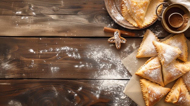 Purim Triangular cookies ( hamantasch or aman ears ), colored candy for jewish holiday of purim celebration on paper background with space for text. Top view. Ai generated.