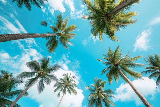 Blue sky and palm trees from below. Neural network generated image. Not based on any actual scene or pattern.