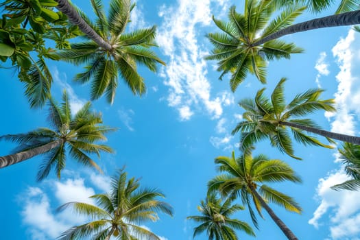 Blue sky and palm trees from below. Neural network generated image. Not based on any actual scene or pattern.