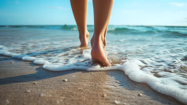 Closeup of woman feet walking on the beach with surf waves at sunny day, rear view. Neural network generated image. Not based on any actual scene or pattern.