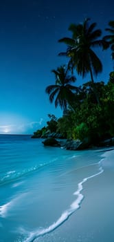 tropical beach view at starry night with white sand, turquoise water and palm tree. Neural network generated image. Not based on any actual scene or pattern.