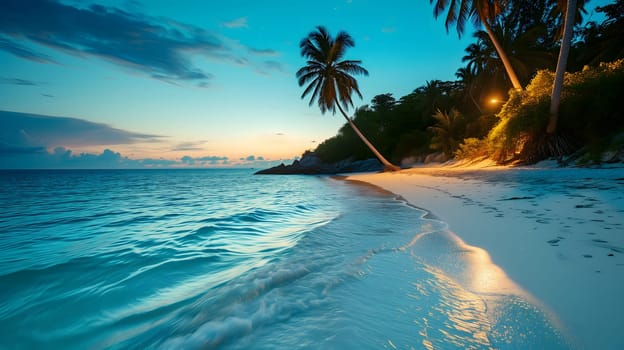 tropical beach view at summer evening with white sand, turquoise water and palm tree. Neural network generated image. Not based on any actual scene or pattern.