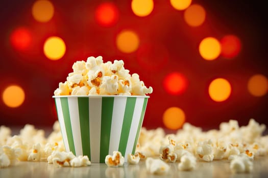 Green bowl full of popcorn on a red background with gold bokeh.