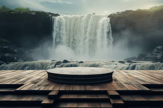 Stone 3D podium for product presentation against the backdrop of a waterfall.