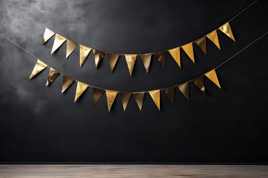 Golden garland on a black wall. Festive decoration.