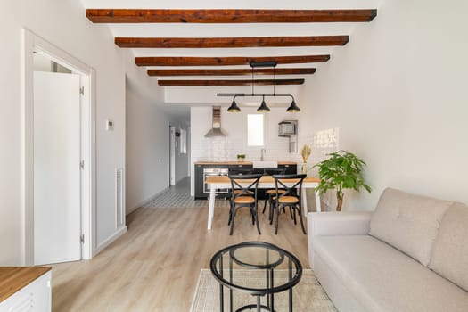 Horizontal shot compact apartment with combined dining room kitchen with sofa and coffee table and modern kitchen with loft-style beams and light walls. Concept of modern design in new apartments.