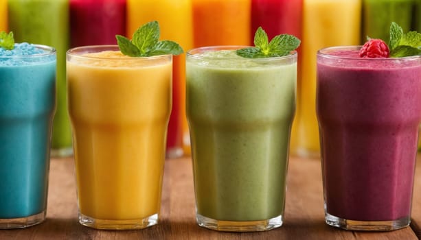 A vibrant collection of different flavored fruit smoothies garnished with fresh mint leaves. Each glass showcases a rich and appetizing color representing the fresh ingredients blended to perfection. Ideal for a healthy and refreshing treat.