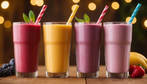 A vibrant collection of different flavored fruit smoothies garnished with fresh mint leaves. Each glass showcases a rich and appetizing color representing the fresh ingredients blended to perfection. Ideal for a healthy and refreshing treat.