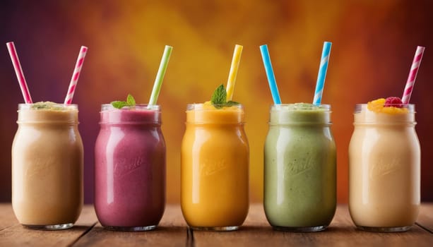 A vibrant collection of different flavored fruit smoothies garnished with fresh mint leaves. Each glass showcases a rich and appetizing color representing the fresh ingredients blended to perfection. Ideal for a healthy and refreshing treat.