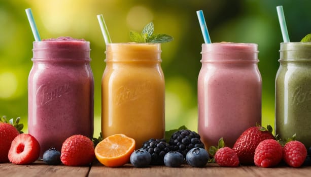 A vibrant collection of different flavored fruit smoothies garnished with fresh mint leaves. Each glass showcases a rich and appetizing color representing the fresh ingredients blended to perfection. Ideal for a healthy and refreshing treat.