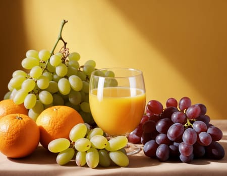The image displays a delicious and refreshing beverage of freshly squeezed orange juice, served in a clear glass. The juice is accompanied by a basket of fresh fruits, including grapes and oranges, both whole and sliced.