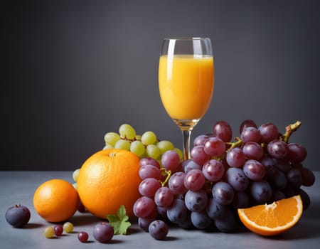The image displays a delicious and refreshing beverage of freshly squeezed orange juice, served in a clear glass. The juice is accompanied by a basket of fresh fruits, including grapes and oranges, both whole and sliced.