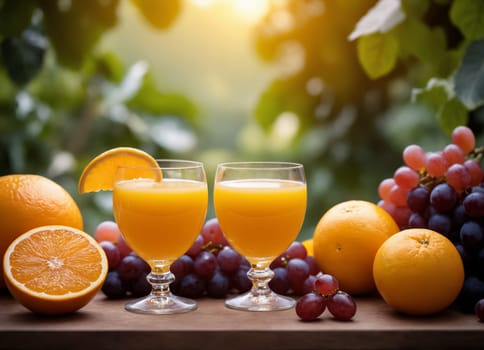 The image displays a delicious and refreshing beverage of freshly squeezed orange juice, served in a clear glass. The juice is accompanied by a basket of fresh fruits, including grapes and oranges, both whole and sliced.