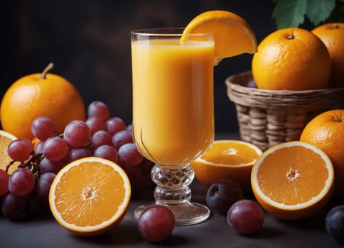 The image displays a delicious and refreshing beverage of freshly squeezed orange juice, served in a clear glass. The juice is accompanied by a basket of fresh fruits, including grapes and oranges, both whole and sliced.