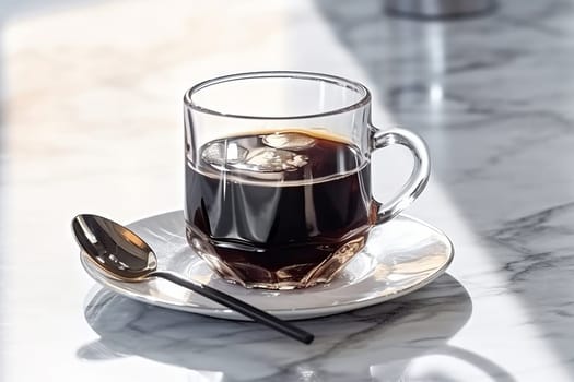 Clear glass cup with dark coffee on marble table.