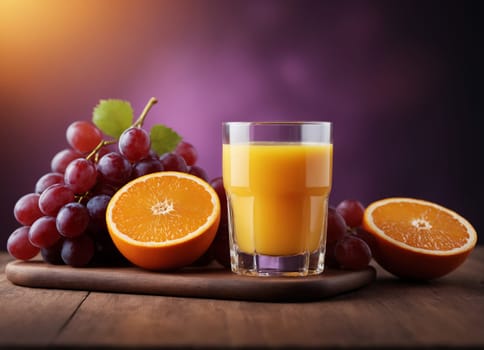 The image displays a delicious and refreshing beverage of freshly squeezed orange juice, served in a clear glass. The juice is accompanied by a basket of fresh fruits, including grapes and oranges, both whole and sliced.