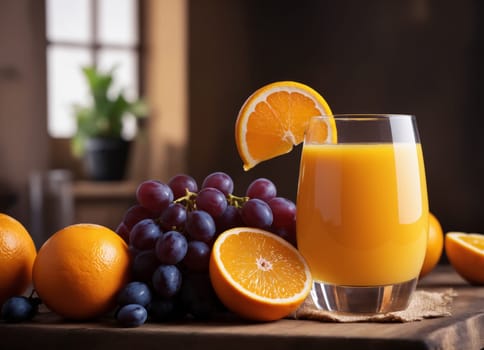 The image displays a delicious and refreshing beverage of freshly squeezed orange juice, served in a clear glass. The juice is accompanied by a basket of fresh fruits, including grapes and oranges, both whole and sliced.