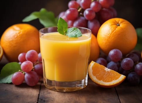 The image displays a delicious and refreshing beverage of freshly squeezed orange juice, served in a clear glass. The juice is accompanied by a basket of fresh fruits, including grapes and oranges, both whole and sliced.