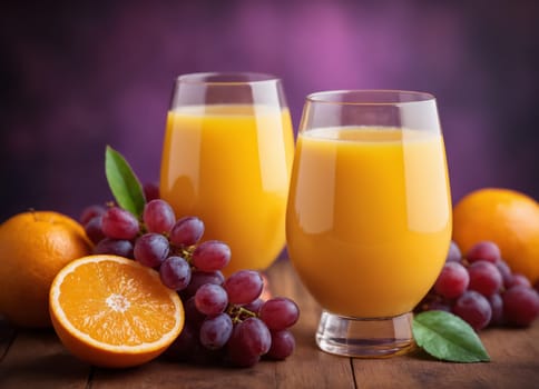 The image displays a delicious and refreshing beverage of freshly squeezed orange juice, served in a clear glass. The juice is accompanied by a basket of fresh fruits, including grapes and oranges, both whole and sliced.