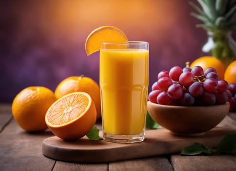 The image displays a delicious and refreshing beverage of freshly squeezed orange juice, served in a clear glass. The juice is accompanied by a basket of fresh fruits, including grapes and oranges, both whole and sliced.