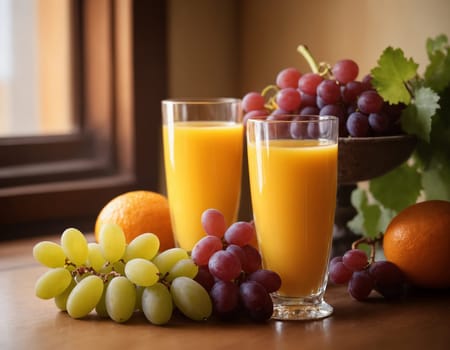 The image displays a delicious and refreshing beverage of freshly squeezed orange juice, served in a clear glass. The juice is accompanied by a basket of fresh fruits, including grapes and oranges, both whole and sliced.