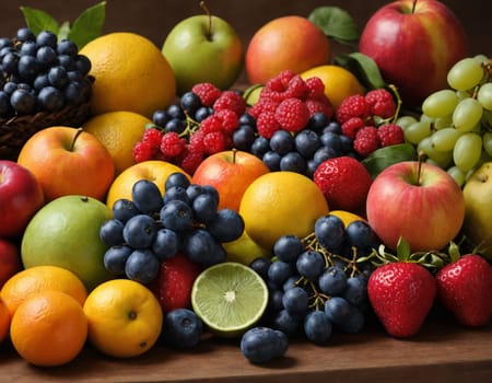 A sparkling basket filled with a variety of fresh fruits including apples, oranges and grapes. The vibrant colors are highlighted by natural sunlight filtering through the lush green backdrop. healthy lifestyle theme