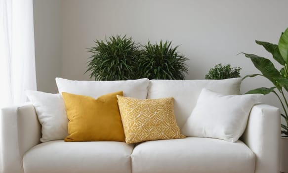 A pristine white sofa adorned with plush cushions sits gracefully in a well-lit living room. Surrounded by luscious indoor plants and resting on a textured rug - it epitomizes modern comfort and style. Ideal for showcasing the allure of minimalist interior designs.