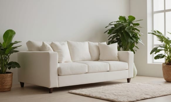A pristine white sofa adorned with plush cushions sits gracefully in a well-lit living room. Surrounded by luscious indoor plants and resting on a textured rug - it epitomizes modern comfort and style. Ideal for showcasing the allure of minimalist interior designs.