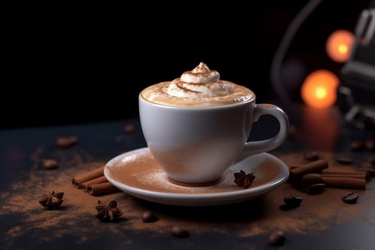 Cream-topped coffee in a white cup with scattered spices on a dark background.