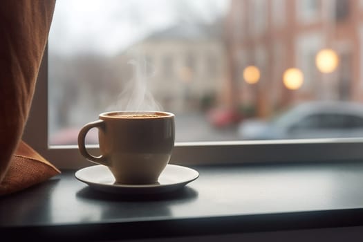Steaming coffee cup on windowsill with blurred street view.