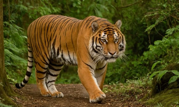 A powerful tiger with striking stripes roams majestically through a lush forest. The greenery accentuates the tiger s vibrant colors and marks a serene yet wild atmosphere. Ideal for wildlife enthusiasts and nature explorations.