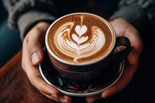 A close-up of a latte with heart-shaped art