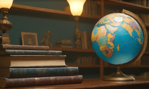 A serene setting featuring a collection of vintage books and a colorful globe. The image evokes a sense of quiet contemplation and the pursuit of knowledge. Ideal for themes related to reading and education.