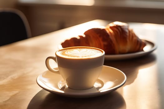 Morning coffee and croissant in sunlight