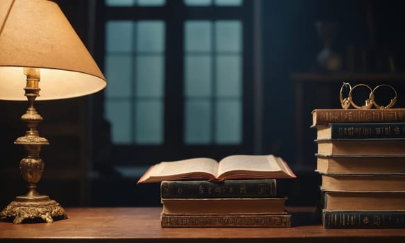A serene setting featuring a stack of classic literature and an open book illuminated by the warm glow of a vintage lamp. A pair of reading glasses rests atop the pile. The scene evokes a quiet and cozy atmosphere for an evening of reading.