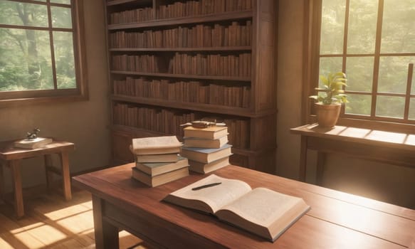 A serene setting featuring a stack of classic literature and an open book illuminated by the warm glow of a vintage lamp. A pair of reading glasses rests atop the pile. The scene evokes a quiet and cozy atmosphere for an evening of reading.