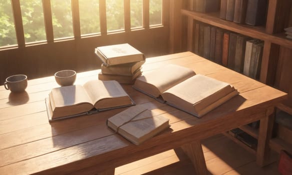 A serene setting featuring a stack of classic literature and an open book illuminated by the warm glow of a vintage lamp. A pair of reading glasses rests atop the pile. The scene evokes a quiet and cozy atmosphere for an evening of reading.